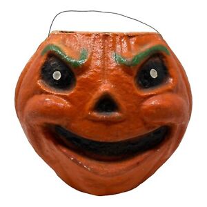 RARE Vintage 8” Halloween Paper Mache Pumpkin Jack-O’-Lantern Candy Container