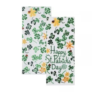 Happy St. Patrick’s Day 2 Pack Kitchen Bathroom Hand Towels Clovers Green Irish - Picture 1 of 4