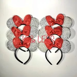 24 pc Minnie Mickey Mouse Ears Headbands Shiny Sparkle Silver Red Bow Birthday P - Picture 1 of 2