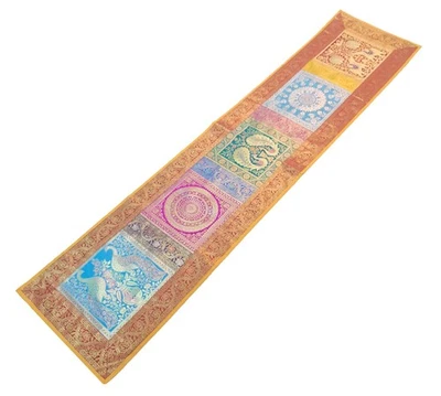 Dining Table Runner Elephant Peacock Woven Zari Brocade Banarasi Handmade Cover - Image 1 of 4