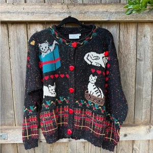 VTG 80s Sweater Loft SWEATER cardigan cotton CATS hearts black marled brightly - Picture 1 of 3