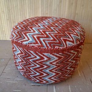 Fab Vintage Retro Round Footstool Pouffe Reupholstered Orange Zigzag Chenille - Picture 1 of 9