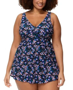 Raisins Plus Size Lucia V-Neck Swimdress One Piece Swimsuit Black Multi 24W - Picture 1 of 7