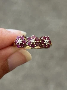 9K Gold Ruby & Diamond Triple Cluster Ring - Picture 1 of 12