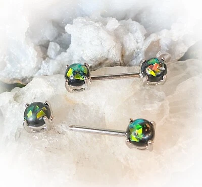 PAIR Synthetic Opal Glitter Nipple Rings Shields 316L Surgical Steel Barbells - Image 1 of 3