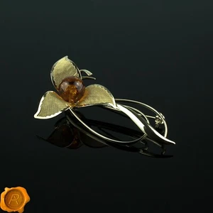 Baltic Amber Round Gemstone 18K Gold Large Flower Brooch Gift Jewelry for Women - Picture 1 of 5