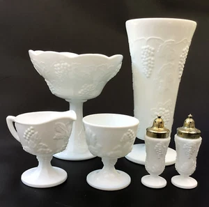 VTG White Milk Glass Set of 6 Pedestal Grapevine Pieces Dining Table Top Decor - Picture 1 of 21