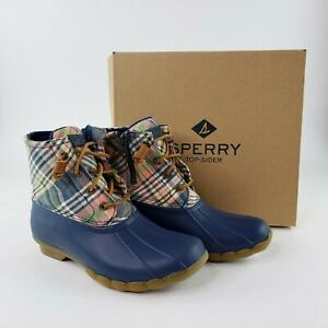Sperry Women's Saltwater Washed Plaid Boots Size 6 Zip Up Leather Laces NEW