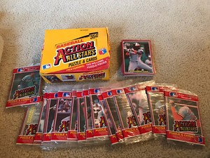 1985 DONRUSS BASEBALL ACTION ALL-STARS BOX, 17 PACKS + CARDS