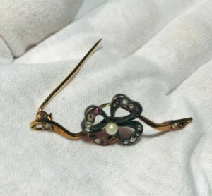 1 antike Vintage Brosche Kleeblatt 12 Diamantrosen 8 Amethyst 14 kt Gold - Bild 1 von 4