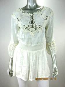 AUDREY ALEXIS BACH GR. S/M Baumwolle/Seide antikweiß Spitze Netz Bluse Top Shirt - Bild 1 von 17