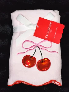 Kassatex Pastel Pink Bow Red Leather Cherries Hand Towels 2pc Coquette Scallop - Picture 1 of 8