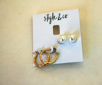 Style&Co gold tone hammered hoops & silver tone stud faux pearl earrings 2 Pair - Image 1 of 2