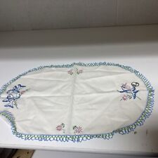 VTG 60s Era Oval Dresser Scarf Doily Blue Bird Flower Embroidery Crocheted Edge