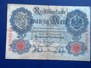 1910 GERMAN 20 MARK BANKNOTE-VERY GOOD - Picture 1 of 2