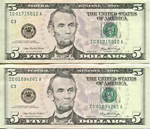 TWO 2006 $5 FEDERAL RESERVE NOTES - UNC. CRISP - C3 PHILADELPHIA - BC 9934 - Picture 1 of 6
