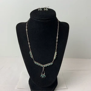 Native American Petit Point Turquoise Sterling Necklace Earrings Signed Seoutewa - Picture 1 of 22