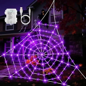 Halloween Decoration Giant Spider Web with Purple Lights,17Ft x17FT 120LED Outdo - Picture 1 of 7