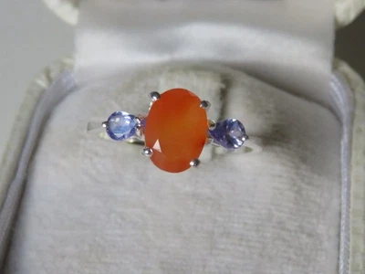 Bague OPALE de FEU et TANZANITE sur OR BLANC ARGENT T53,5 style ancien - Photo 1/4