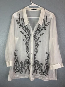Nic+Zoe Blouse Womens Large Sheer Embroidered Button Shirt Top Floral - Picture 1 of 10