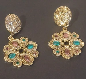 Vintage Statement Ohrringe - goldfarben filigran floral mit schmuckfarbenen Steinen - - Bild 1 von 6