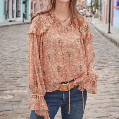 Blusa Sundance Madeline Dulce Floral Volantes Coral Campesino Boho Talla Mediana Foto 1 de 4