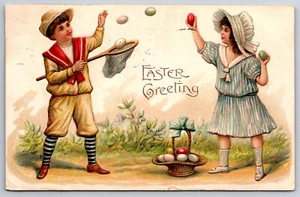 Viktorianische Ostern ~ Junge & Mädchen werfen farbige Eier ins Netz ~ Korb ~ Deutschland ASB 1909 - Bild 1 von 2