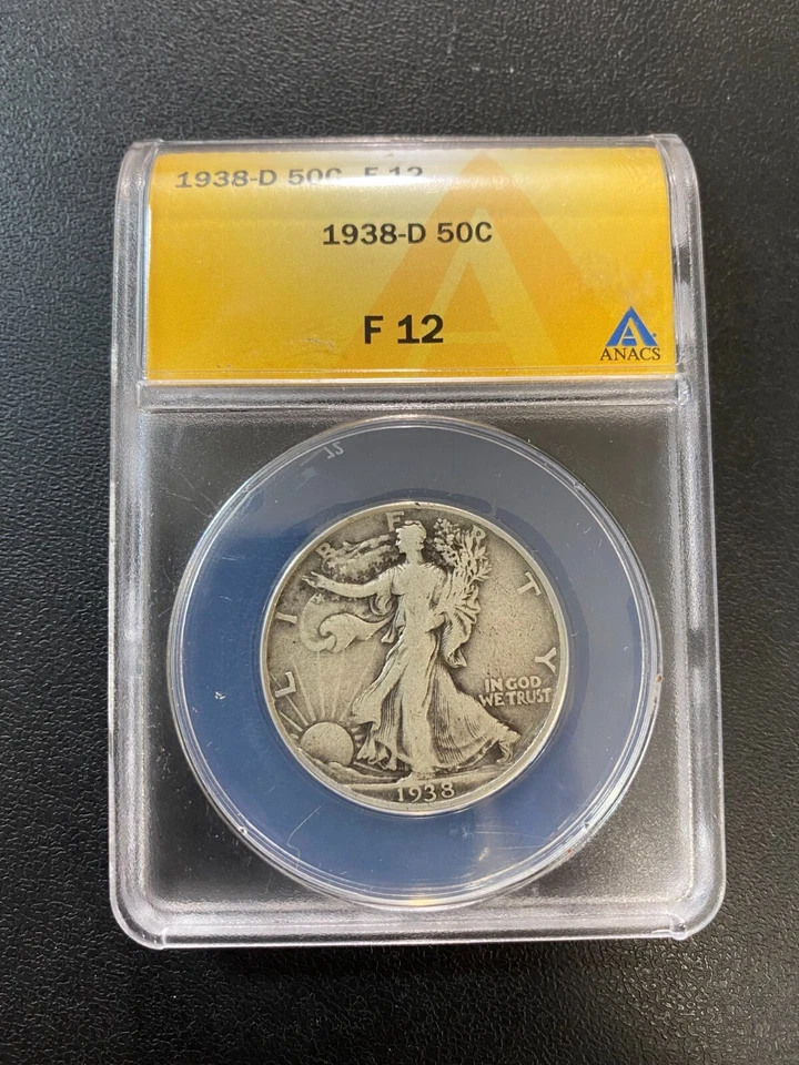 1938 D WALKING LIBERTY HALF DOLLAR ANACS F-12 - KEY DATE - CERTIFIED SLAB - 50C - Image 1 of 2