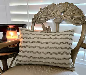 Pottery Barn Pillow Lumbar Gold Metallic Beaded Waves 20x14 Linen Beige Wavy - Picture 1 of 9