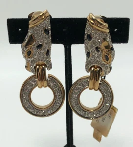 NOS signierte Vogue Bijoux Strass Panther Kopf Türklopfer Clip Ohrringe - Bild 1 von 8