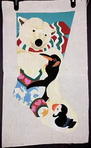 Polar Bear,Penguin & Puffin Hand Painted Needlepoint Canvas Christmas Stocking - Picture 1 of 6