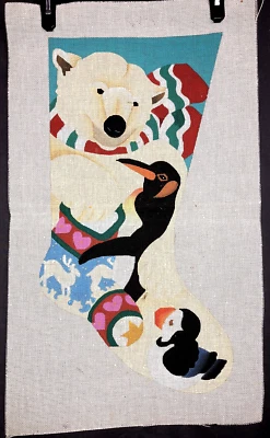 Polar Bear,Penguin & Puffin Hand Painted Needlepoint Canvas  Christmas Stocking - Image 1 of 4