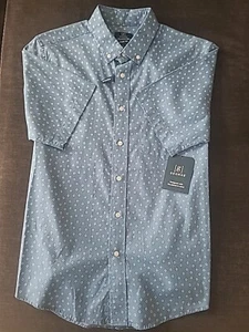 NWT Men's M Classic Fit Short Sleeve Dress Shirt Blue with White - Picture 1 of 4
