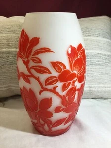 Vintage Peking chinesische Kunst Glas Kamee Stil Vase rubinrote Pfingstrose 11" atemberaubend - Bild 1 von 24
