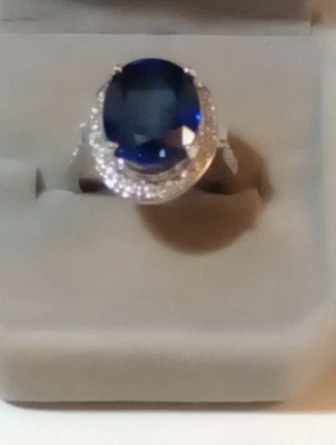 NATURAL HEATED ROYAL BLUE SAPPHIRE 11.45 CT 925 SILVER RING SIZE 7 SAPP. ACCENTS - Image 1 of 4