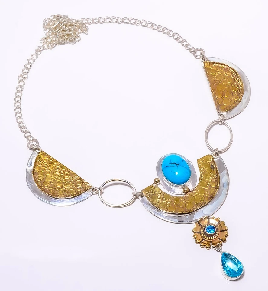 Collar Hecho a Mano Magnesita Turquesa Plata de Ley 925 Dos Tonos 17.99" T78 Foto 1 de 4