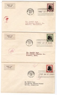 #832-834 Set/3 Presidential $1, $2, $5 FDCs 1938 Storrs & Bement w/ Stuffers - Image 1 of 3