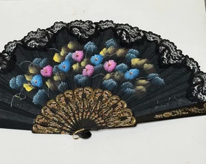 Handgemalter spanischer Faltfächer signiert vom Künstler - schwarze Spitze Blumen, 13" hoch - Bild 1 von 8