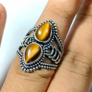 Handmade Silver Plated Two-Stone Designer Ring or Natural Tiger's Eye Gemstone