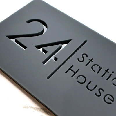 K SMART SIGN Modern Laser Cut House Sign Matt Gray Perspex & Gloss Black Number 300mm x 160mm