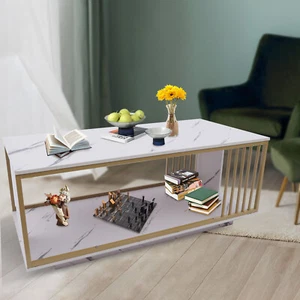 Modern White GOLD Coffee Table High Gloss Marble Veneer Rectangle Living Room - Picture 1 of 11
