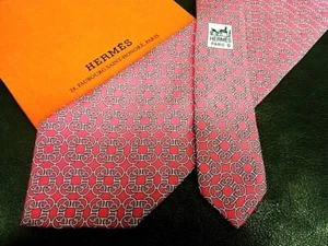 HERMES Neck tie Silk Red Pink Logo japan seller N0116 01 Made in France - Picture 1 of 2