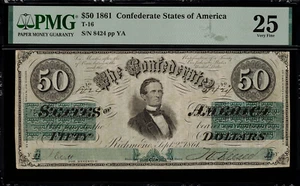 T-16 50 $ 1861 Confederate Currency CSA Civil War - Graded PMG 25 - Bild 1 von 2