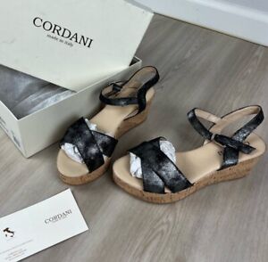 CORDANI Dorian Platform Wedge Heel Sandal Black Metallic Strappy Size 8 MK1416