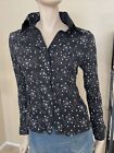 Women?S Black Cotton Casual Button Up Beaded Embroidered Size L Blouse Top
