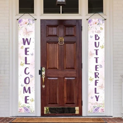  Banner de porche de ducha de bebé mariposa 12x72 pulgadas decoraciones, un poco de mariposa  Foto 1 de 4