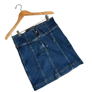Free People Lace Up Denim Short Skirt Size 8 Blue Corset High Rise BOHO Festival - Picture 1 of 11