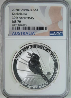 2020 P Australia Kookaburra 1oz .999 Silver $1 Coin 30th Anniversary NGC MS70 - Image 1 of 4