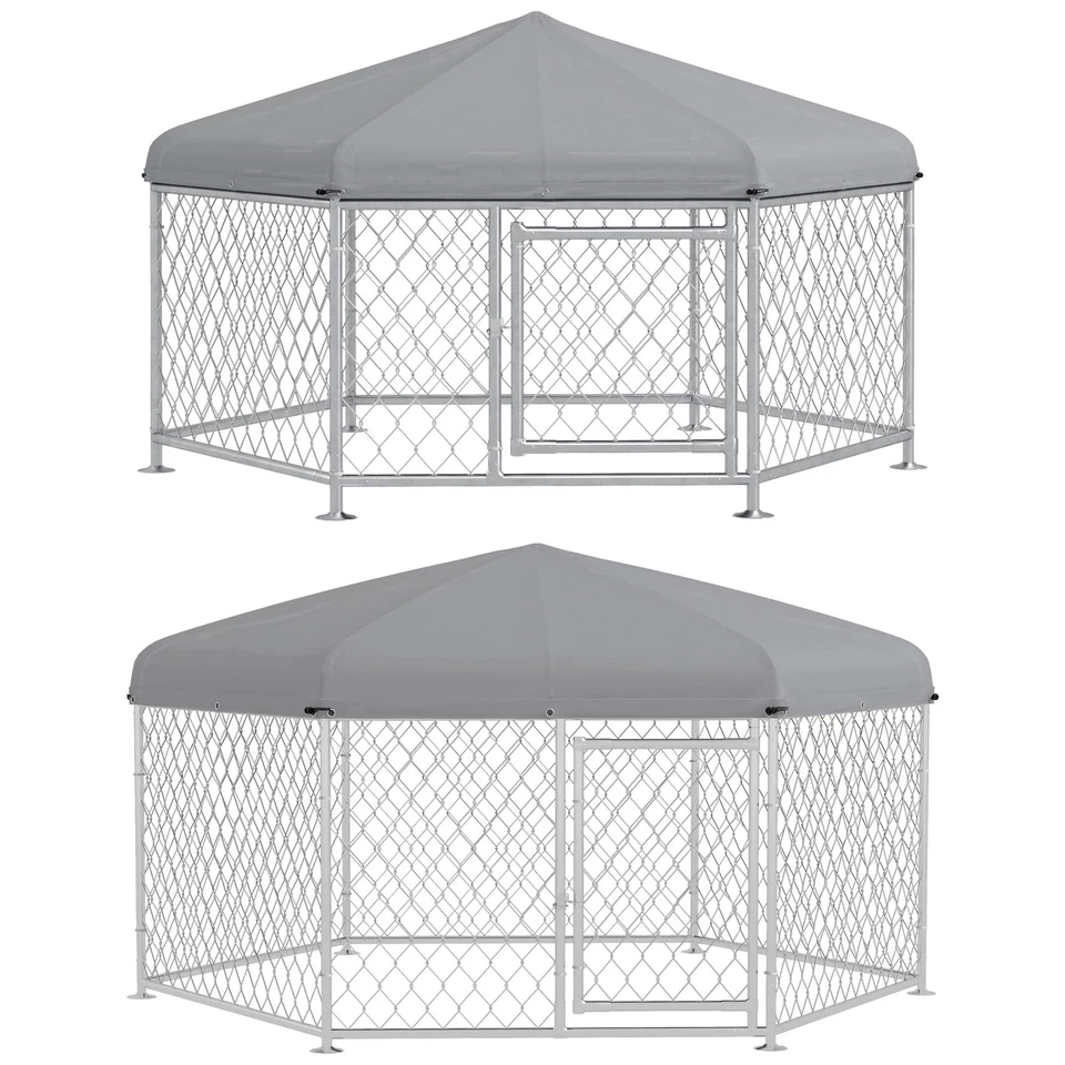 PawHut Kennel per Cani Taglia Media Tetto Tessuto Oxford Argento - Immagine 1 di 1