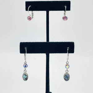 Leverback Earrings Lot of 2 Silver Tone Abalone Dangle and Pink Rhinestone - Picture 1 of 9
